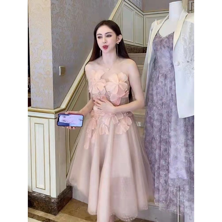 Wei Fanshu Chân Váy Lưới Cánh Hoa Xương Cá Cạp Cao Trung Bình Màu Hồng Cho Nữ