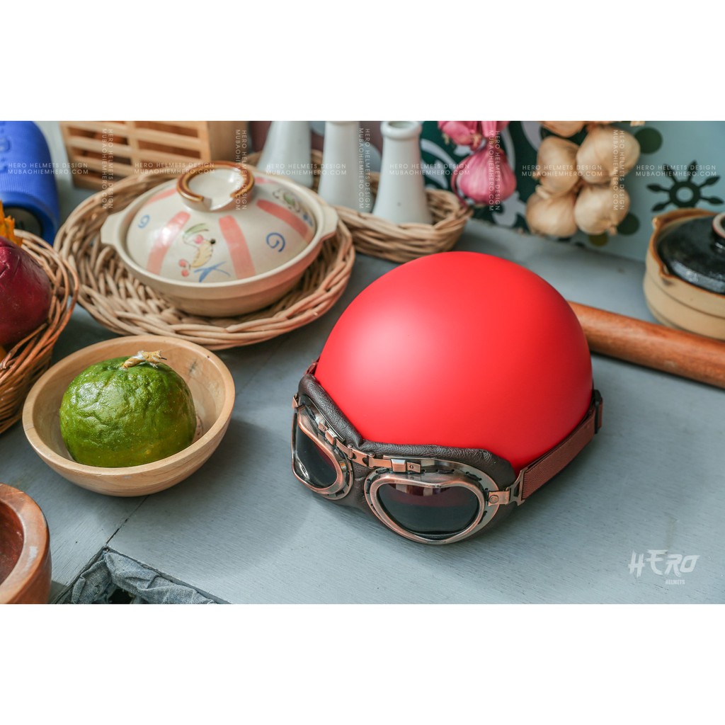 Mũ Bảo Hiểm HR1 Đỏ Nhám (Kèm kính) - Mũ Bảo Hiểm Nửa Đầu Thiết Kế Tiêu Chuẩn