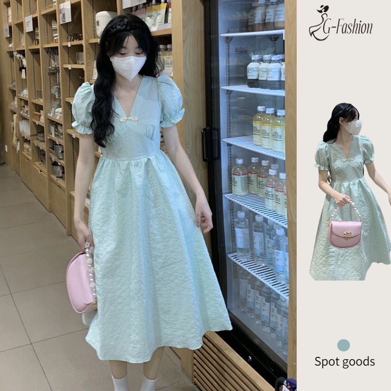Đầm Midi Tay Phồng Cổ Chữ V Màu Xanh Lá Phong Cách Pháp Thời Trang Mùa Hè Hàng Mới Dành Cho Bạn Nữ