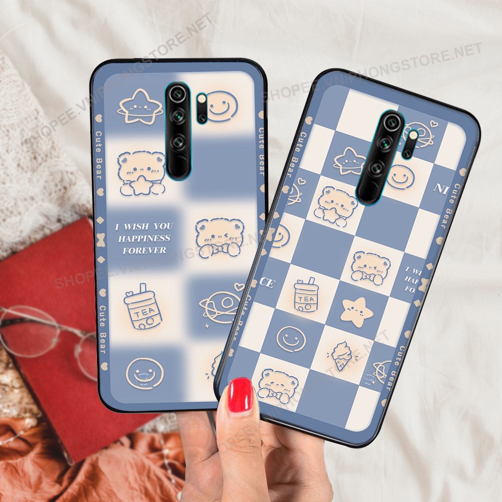 Ốp lưng Xiaomi Redmi 8 / Redmi Note 8 pro / Redmi 9 in họa tiết caro, mẫu gấu cực đáng yêu / ốp gấu cute giá rẻ siêu bền