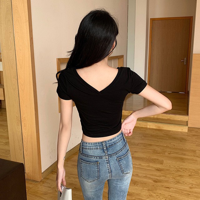 Áo croptop nữ ngắn tay ZOZORO ôm form cổ v chất vải đẹp thoáng mát
