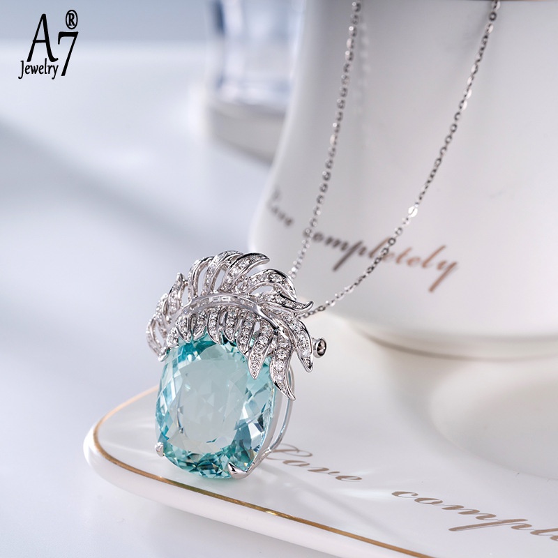 Mặt Dây Chuyền Bạc S925 Hình Lông Vũ Đính Kim Cương Lớn Màu Xanh Dương Chất Lượng Cao X4Y86