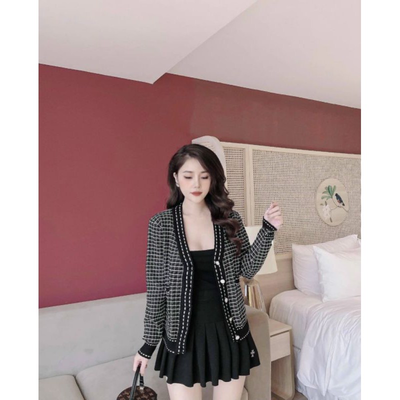 A503 Áo Khoác Len, Áo khoác cadigan chạy viền 2 tone màu trắng đen basic, phối túi 2 bên và cúc ngọc | BigBuy360 - bigbuy360.vn