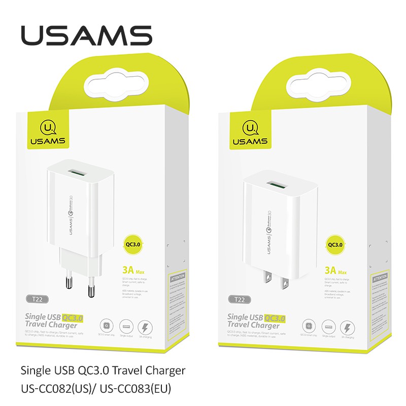 Ổ Cắm Sạc Nhanh USAMS T22 Kết Nối Usb Hỗ Trợ Qc3.0 Dành Cho Iphone Oppo Samsung Huawei Vivo Xiaomi