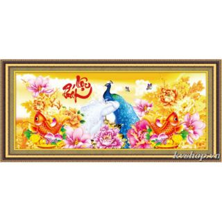 Tranh đính đá chim công phát lộc tuyệt đẹp kt 113*50cm (kèm hình thật)
