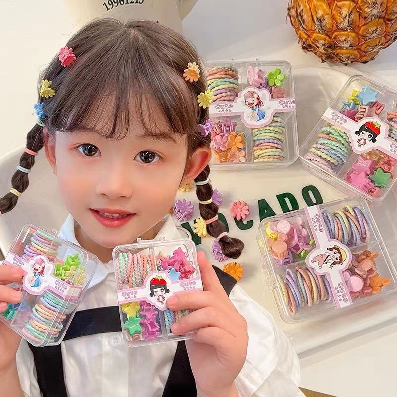 Set dây buộc tóc mix kẹp tóc càng cua cho bé (Hộp Vuông 4 Ngăn)