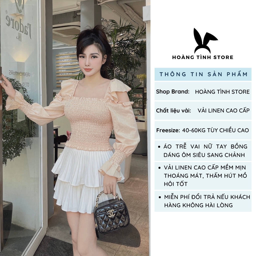 Áo trễ vai nữ tay bồng dáng ôm Hoàng Tình Store, áo hở vai tay dài sang chảnh, chất liệu vải linen cao cấp Freesize