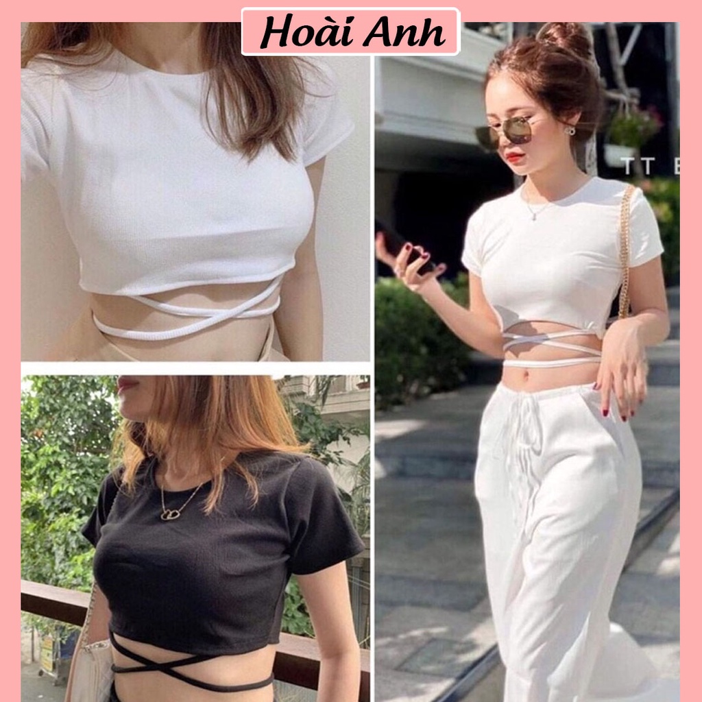 Áo croptop dây buộc bụng cổ tròn trơn tay ngắn, cột dây eo tay ngắn Basic, chất thun lạnh