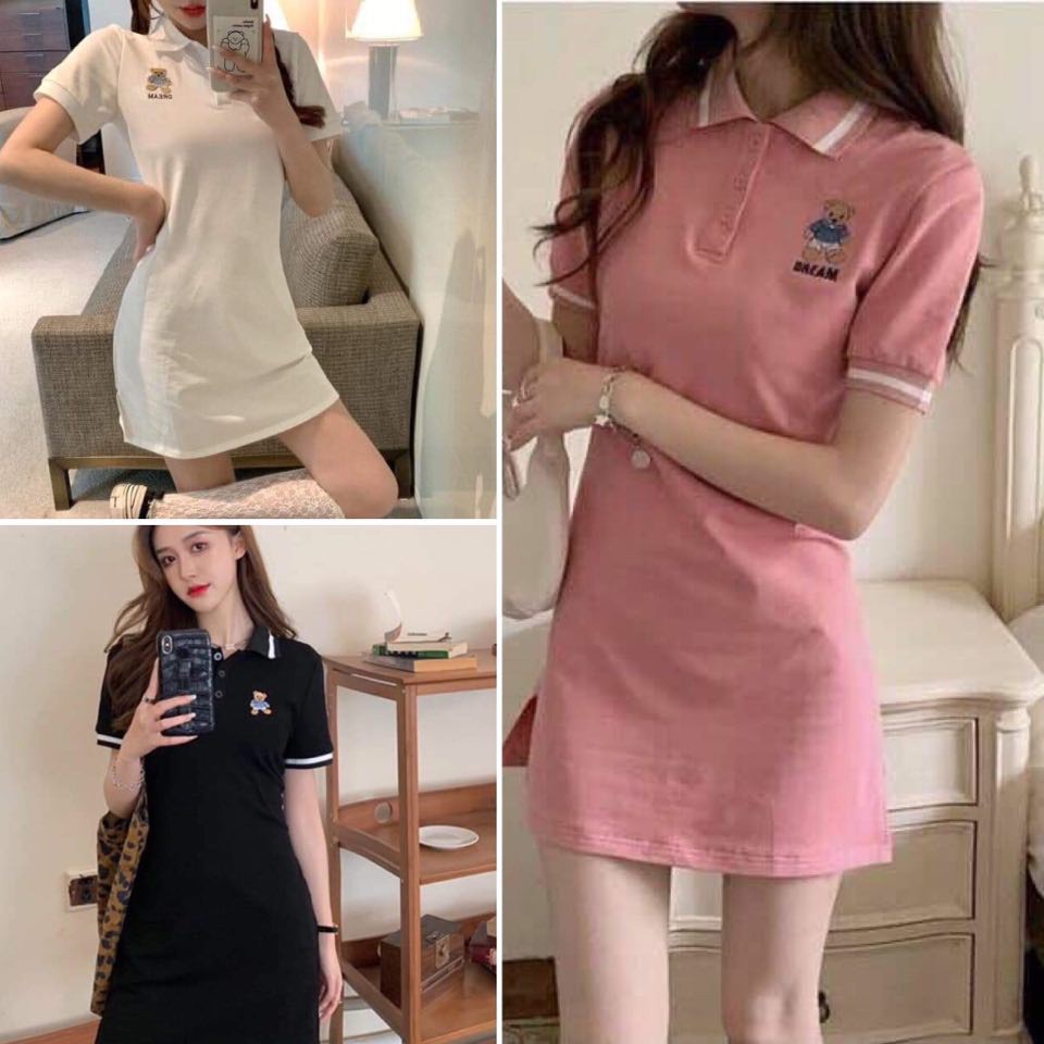 Váy polo thêu gấu freesize dáng suông - Váy polo cộc tay dáng ngắn chất thun co giãn freesize