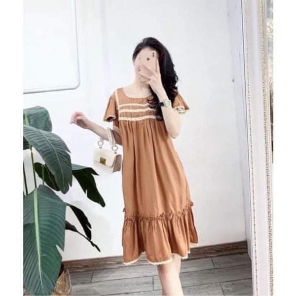 Váy bầu ngắn tay thời trang thiết kế có ren ngực M490 vải cát hàn Mom and Baby