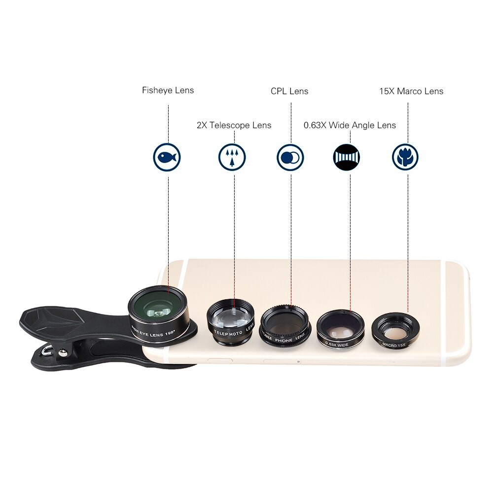 Bộ ống kính,lens chụp ảnh apexel dành cho điện thoại 5in1,tele,macro,góc rộng - APEXEL APL-DG5H