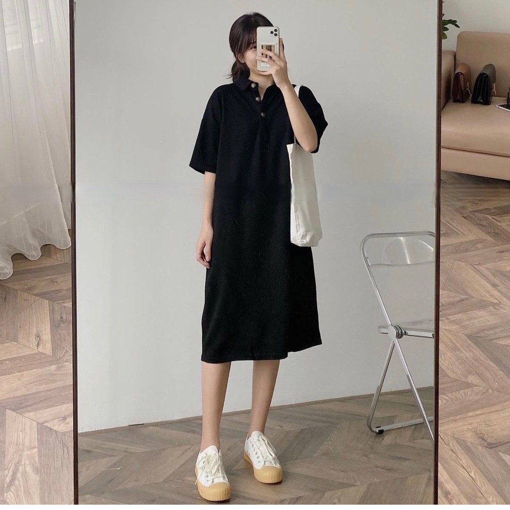 [ RẺ VÔ ĐỊCH] Váy Polo Cúc Đồng Nữ Dáng Dài Ulzzang Đầm nữ dáng rộng màu đen trơn basic tay lỡ cá tính [ Ảnh Thật] | BigBuy360 - bigbuy360.vn
