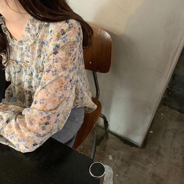 Áo Sơ Mi Chiffon Tay Dài Họa Tiết Hoa Phong Cách Hàn Quốc Thời Trang Cho Nữ
