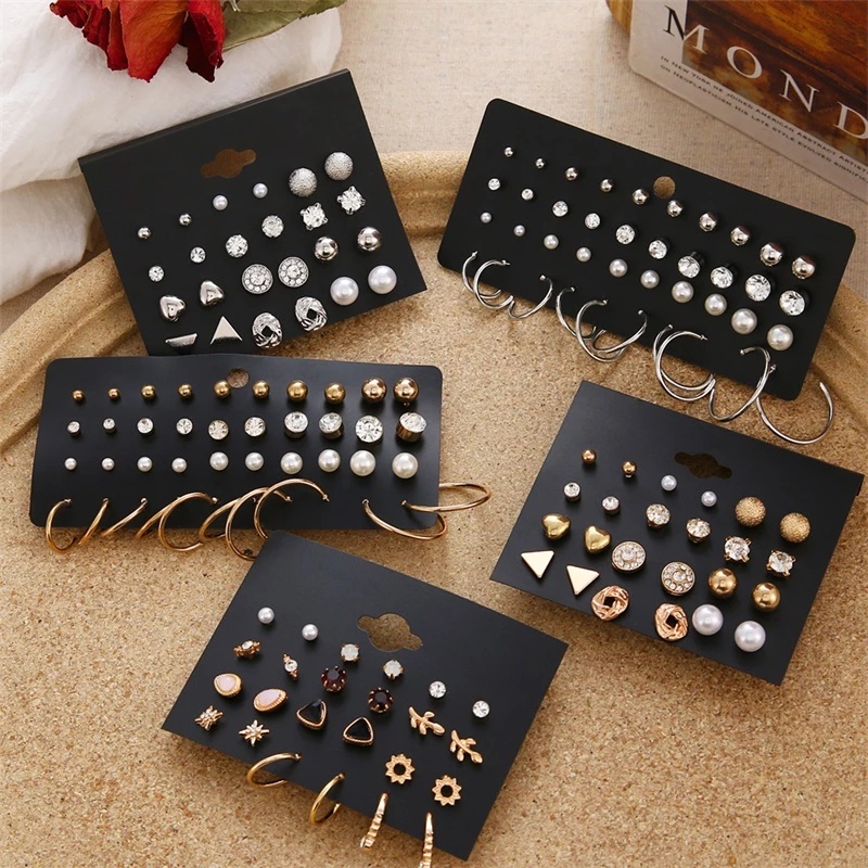 12 Đôi Bông Tai Hình Học Bằng Kim Loại Đính Ngọc Trai Và Đá Zircon JP5