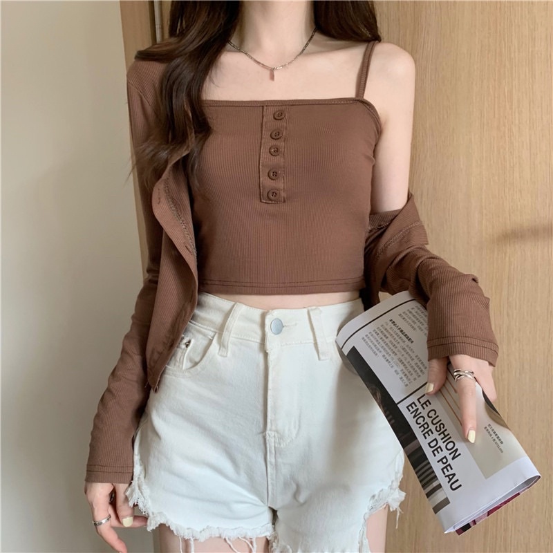 Set Áo Hai Dây Nữ Dáng Croptop + Áo Khoác Thun Gân Dáng Croptop Nữ Tính Summer 2022