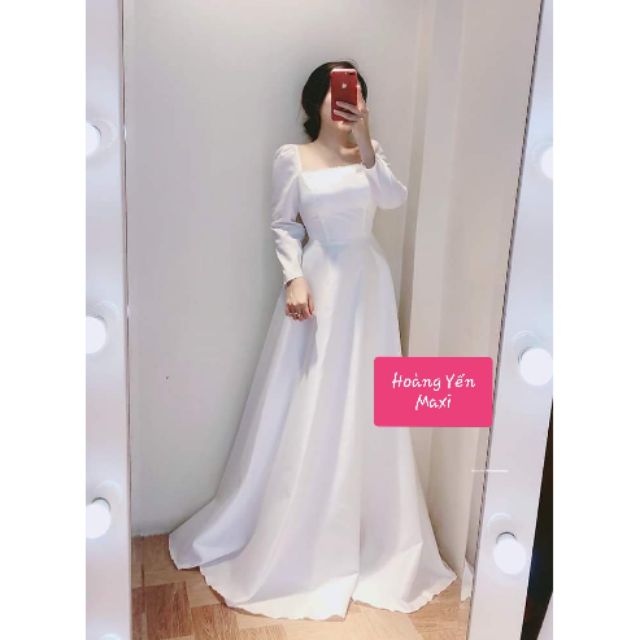 [Hàng sẵn tại Store❤️] Đầm dạ hội trắng tay dài cài đá ngôi sao, đầm cô dâu đơn giản, đầm trắng dài - Chuẩn ảnh | BigBuy360 - bigbuy360.vn
