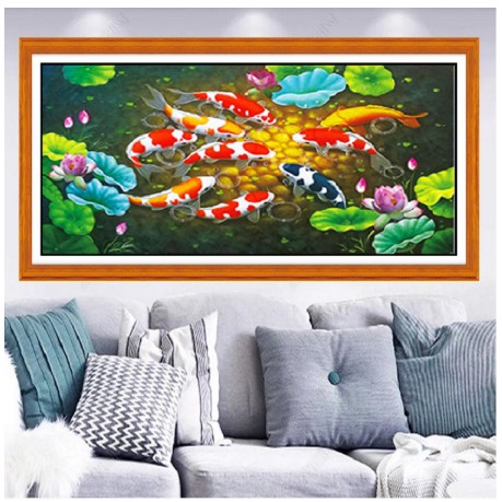 Tranh Đính Đá CÁ CỬU NGƯ QUẦN HỘI (ĐÁ ABC CAO CẤP). Kích Thước: 1m20 x 60cm - 1m60 x 70cm