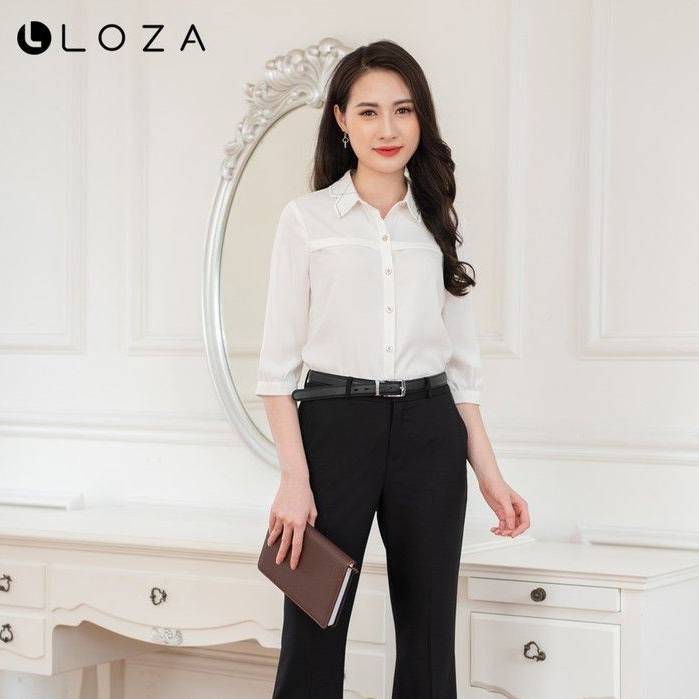 [Mã BMBAU50 giảm 50K đơn 150K] Áo sơ mi trắng nữ cổ đức phối nơ tay lửng LOZA LS1382