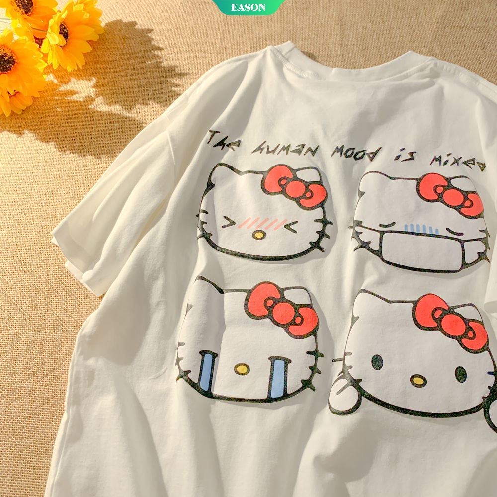 Áo Thun Tay Ngắn Dáng Rộng In Họa Tiết Hoạt Hình Hello Kitty Phong Cách Nhật Bản Thời Trang Mùa Hè Cho Nữ