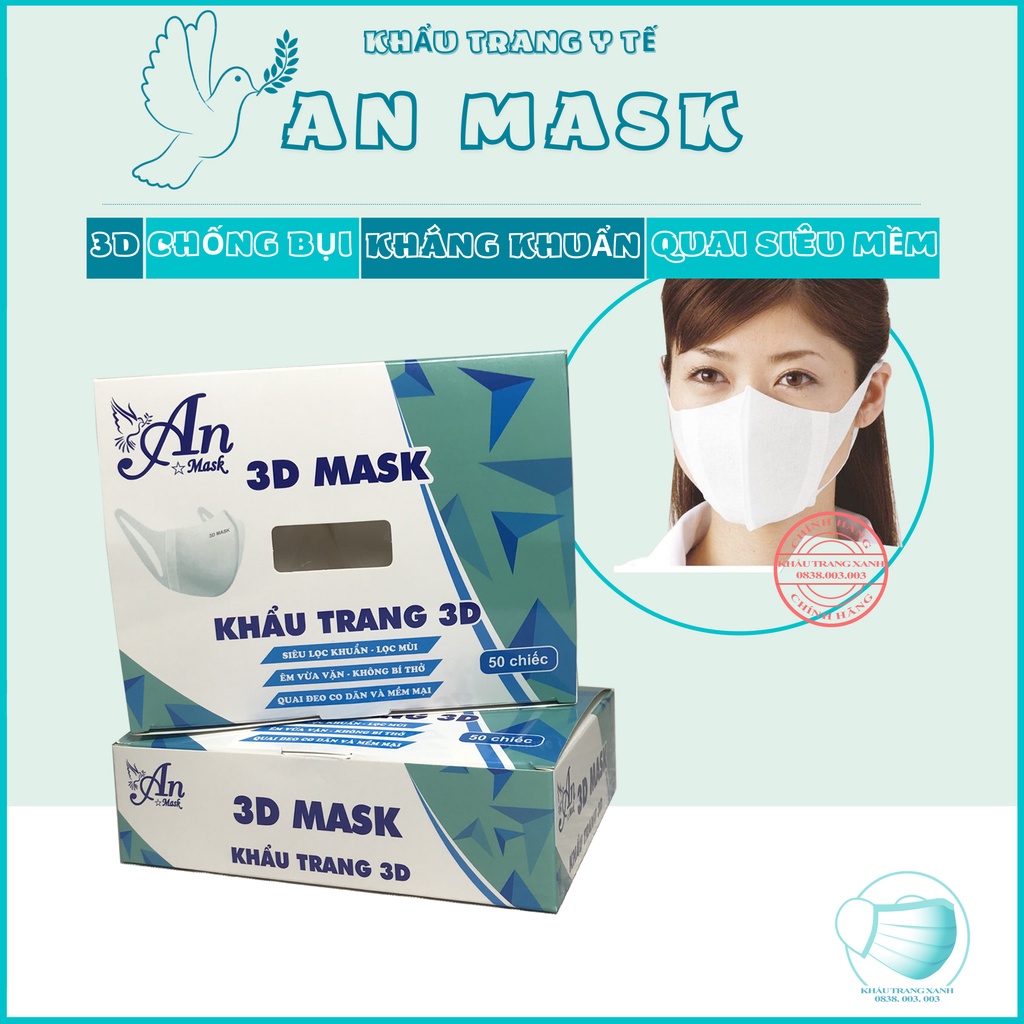 [ Hộp 50 Chiếc ] Khẩu trang y tế 3D AN MASK Công Nghệ dập Nhật Bản phom ôm Sát Mặt và quai mềm - khautrangxanh