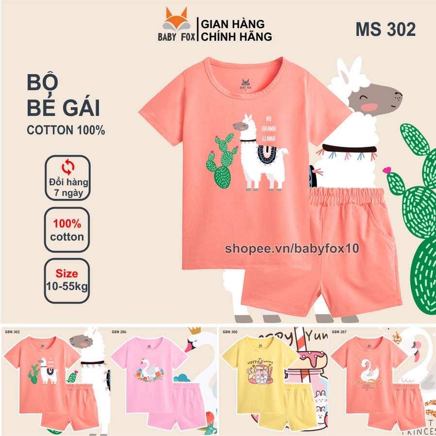 Bộ bé gái size nhỏ, trung, đại 100% cotton loại tốt, thương hiệu BABY FOX, hình thiên nga, kẹo 10-55 kg f