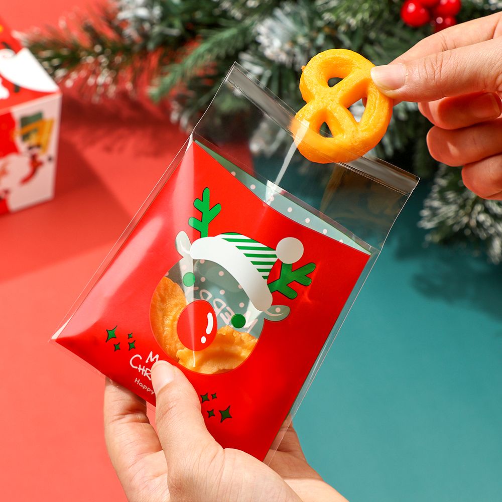 Set 100 Túi Nhựa Đựng Bánh Kẹo Tự Dính In Hình Cây Thông Giáng Sinh Năm Mới Cho Trẻ Em