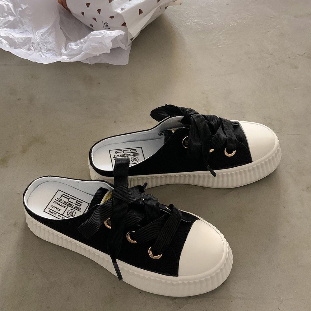 Giày canvas hở gót phối ruy băng thời trang mùa hè cho nữ | BigBuy360 - bigbuy360.vn