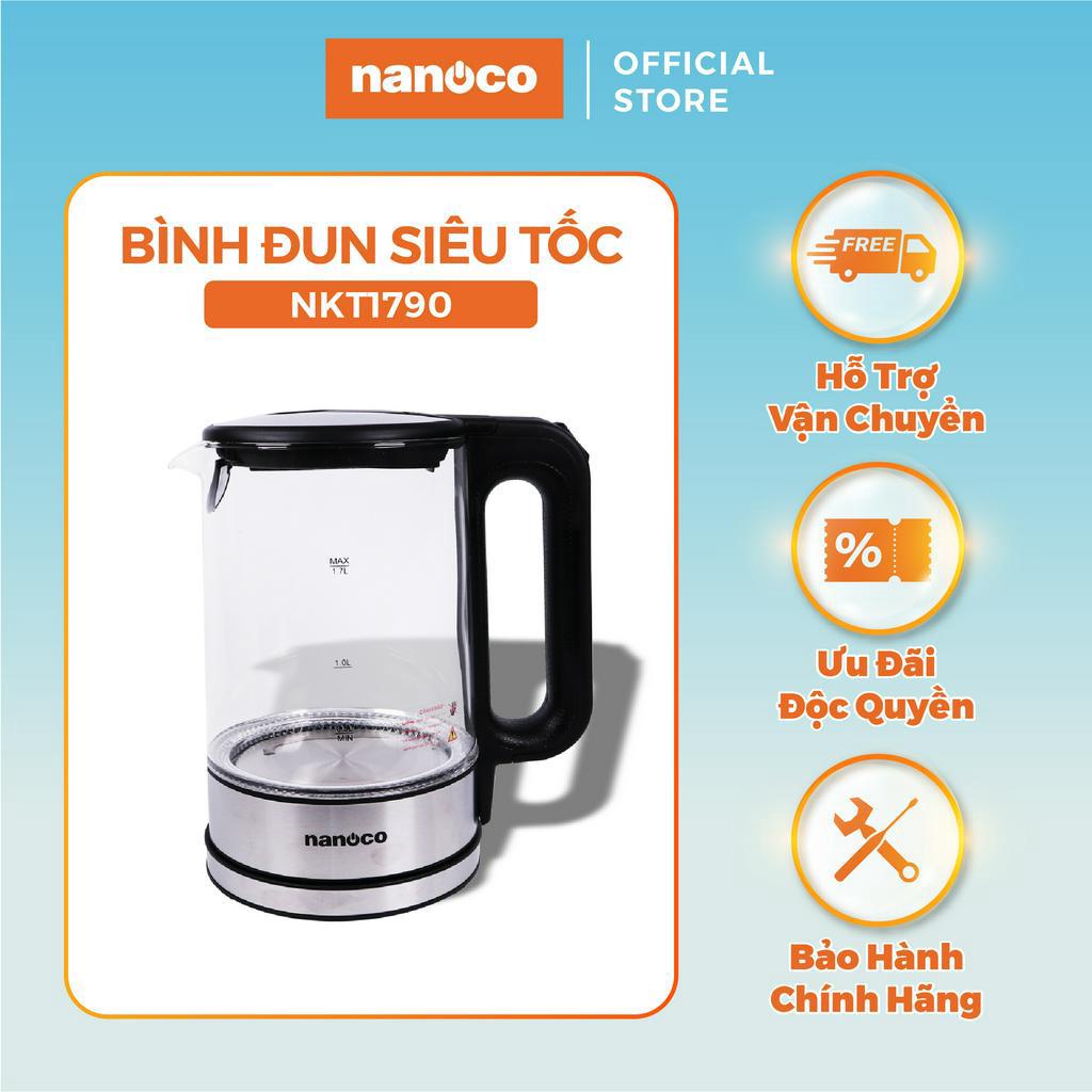 Bình đun siêu tốc thủy tinh cao cấp Nanoco model NKT1790 dung tích 1.7 lít (có bộ lọc chóng cặn linh hoạt tháo rời)