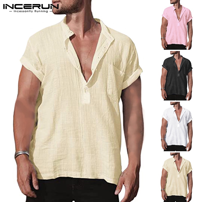 Áo sơ mi nam INCERUN tay ngắn cổ chữ V 4 màu trơn tùy chọn