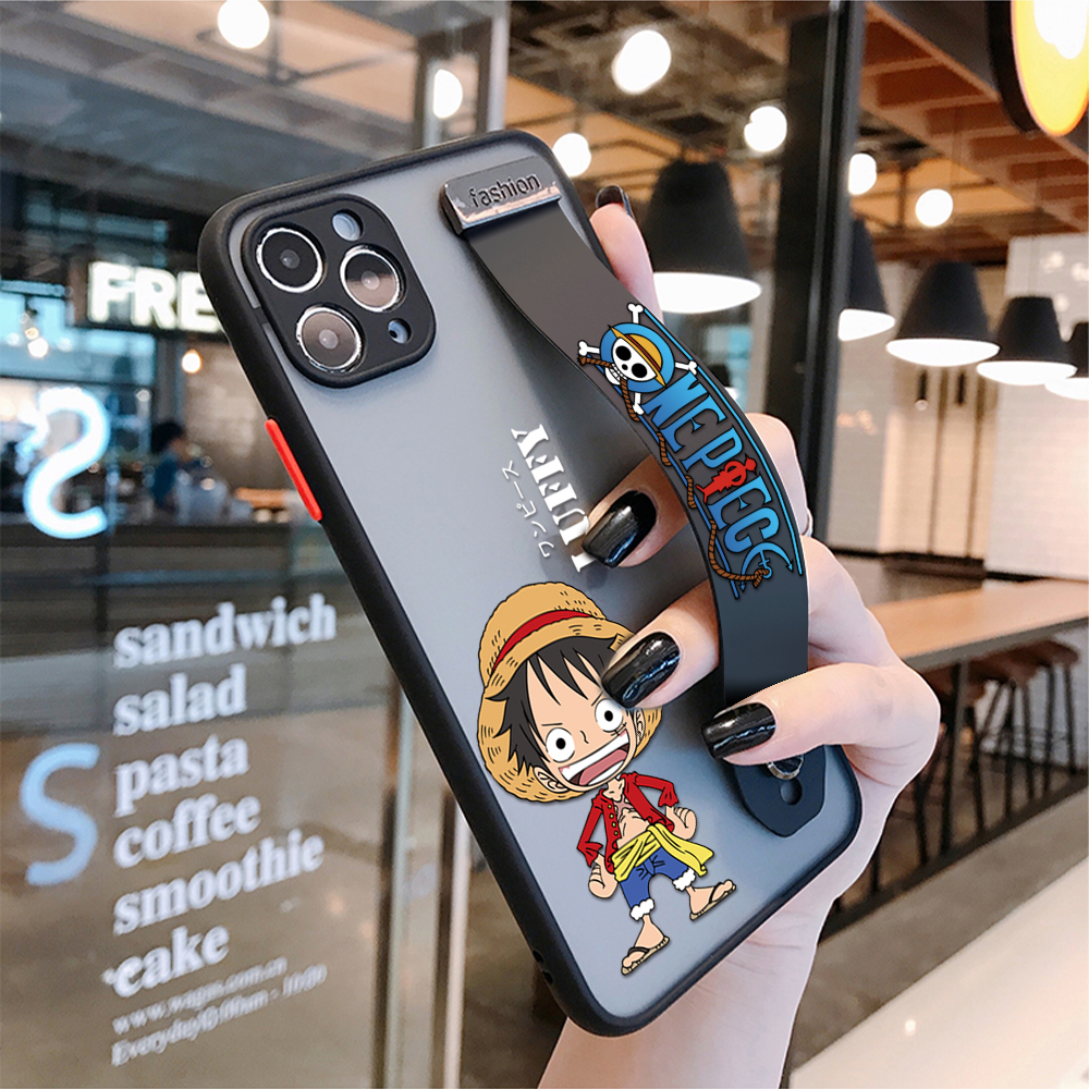 (Có Vỏ đeo tay)Ốp lưng điện thoại iPhone 11 12 Pro Max 12 Mini Vỏ Anime Luffy Bìa Phim hoạt hình Chống va đập Mặt sau mờ Mặt sau Bảo vệ toàn bộ Ống kính