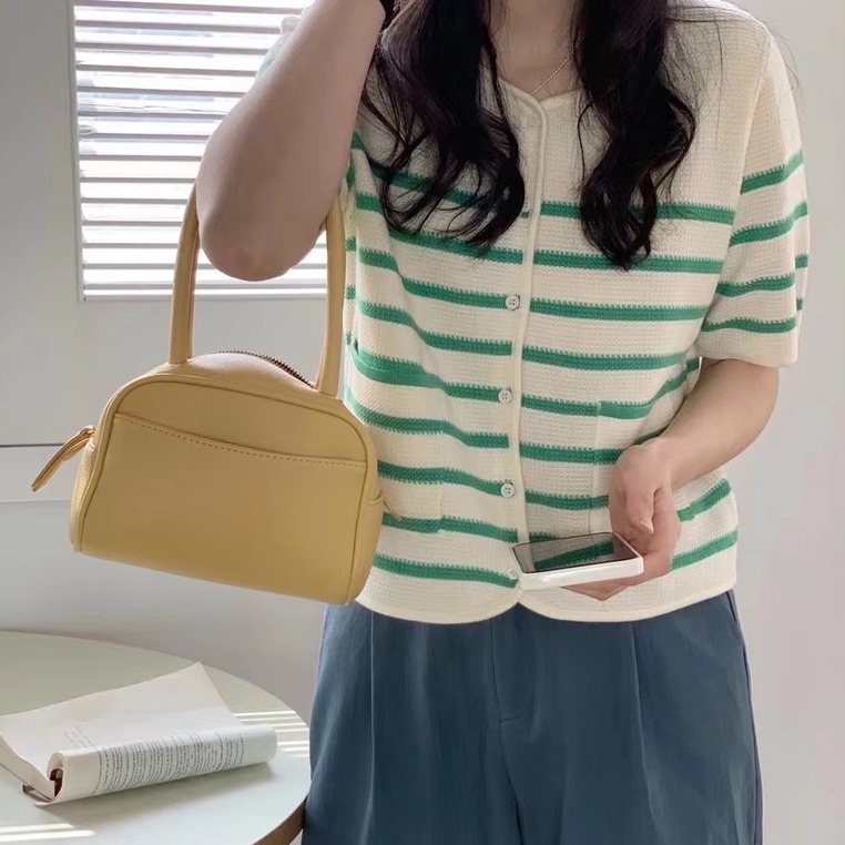 Áo cardigan dệt kim ZHELIHANGFEI tay ngắn cổ tròn kẻ sọc đơn giản trẻ trung