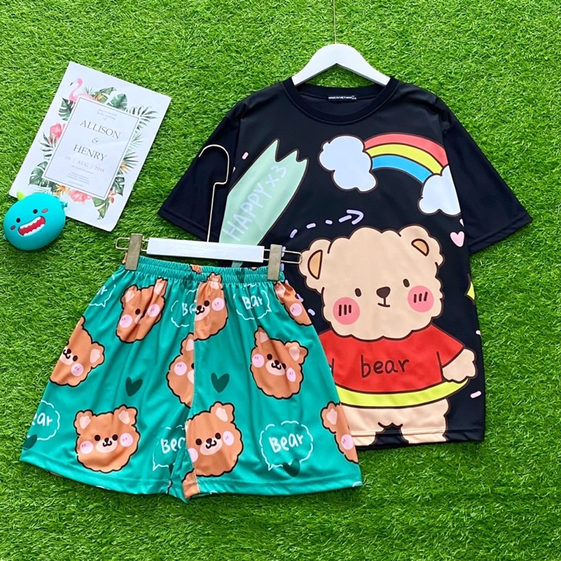 Đồ bộ ngủ nam nữ mặc nhà chất thun co giãn thoải mái form set áo tay lửng in hình dễ thương