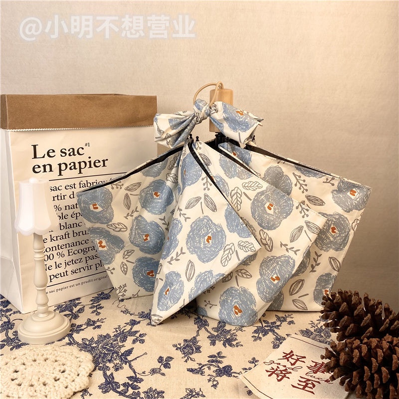 Ô Dù Chống Tia UV In Hình Mưa Siêu Nhẹ Có Túi Đựng Màu Đen Phong Cách Nhật Hàn Độc Đáo Tiện Dụng