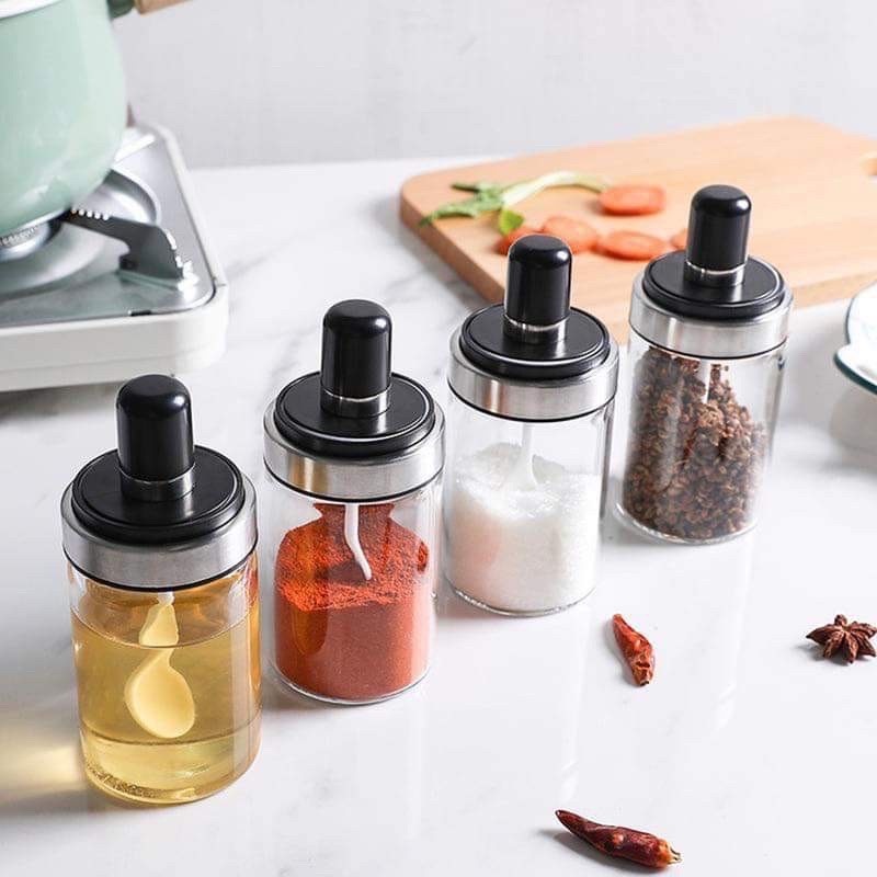 Combo 3 hũ thủy tinh đựng gia vị kèm muỗng, Lọ gia vị có thìa nhựa cao cấp