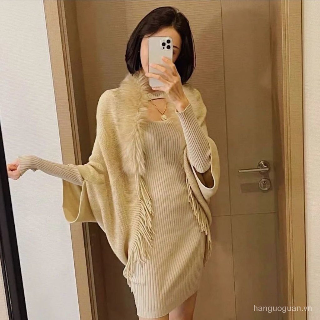 Áo choàng dệt kim cổ phối lông plus size cho nữ 30zJ