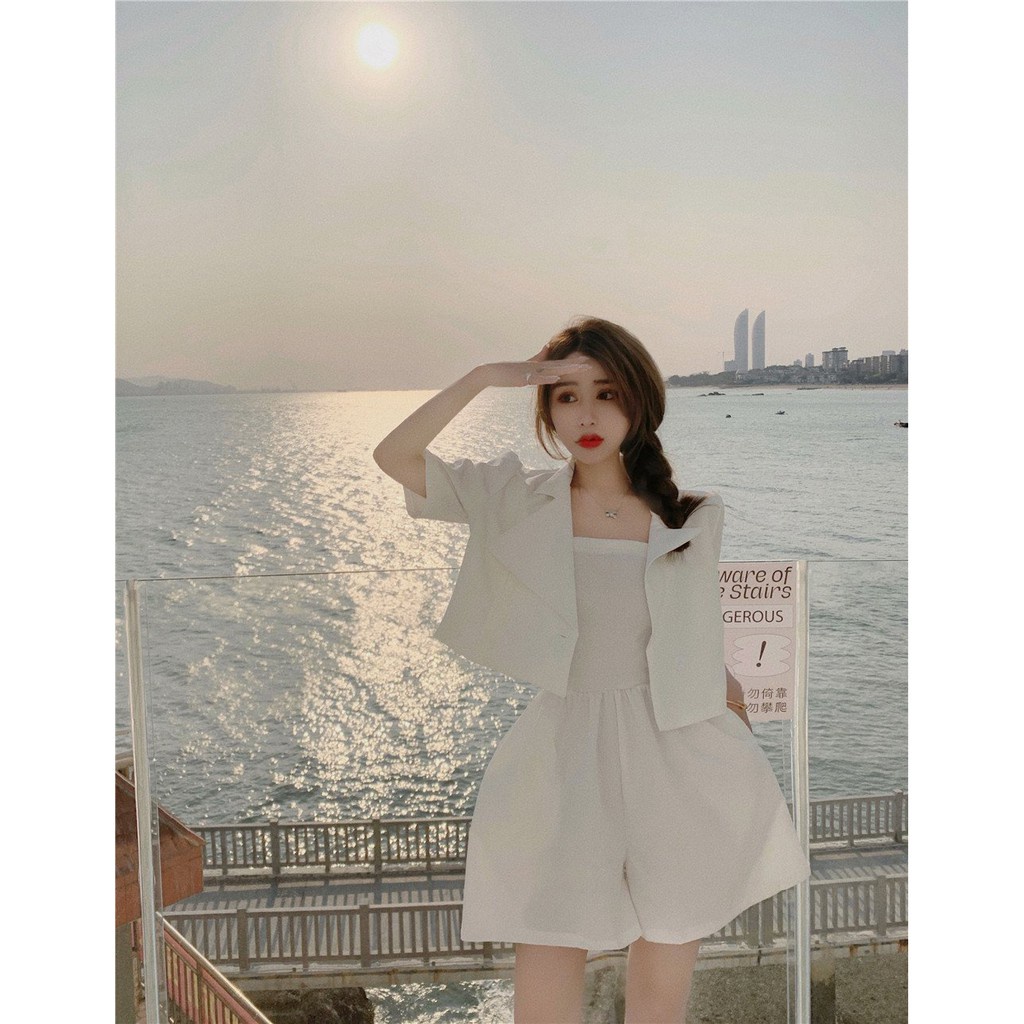Bộ Jumpsuit Nữ Quần Cộc Áo Vest Đũi 🦋 Set Trang Phục Nữ Quần Ngắn Áo Quây Kèm Áo Vest Khoác Ngoài 🦋 Jumpsuit Trơn Trắng