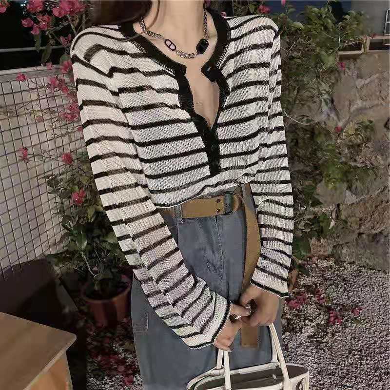 Áo Sơ Mi Mỏng Dáng Rộng Kẻ Sọc Trắng Đen Thời Trang Mùa Hè Cho Nữ