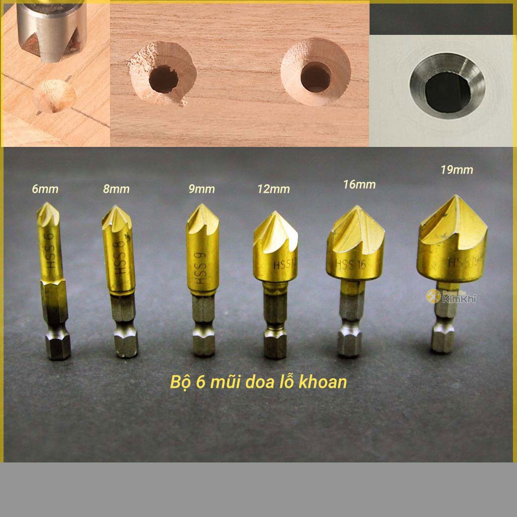 Bộ 6 Mũi Doa Âm Miệng Lỗ Bắt Âm Vít 5 Lưỡi Phay Phủ Titanium 6-19mm Chuôi Lục Giác VOTO