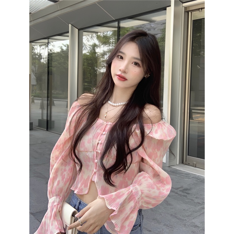 QKOOLE  Áo Croptop Trễ Vai Tay Loe Màu Hồng Phong Cách Hàn Quốc Cho Nữ