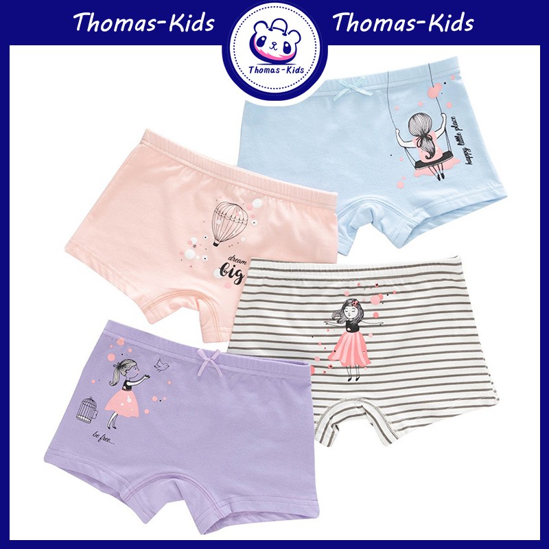 Bộ 4 Quần Lót Cotton In Họa Tiết Hoạt Hình Màu Hồng Cho Bé Gái 3-12 Tuổi