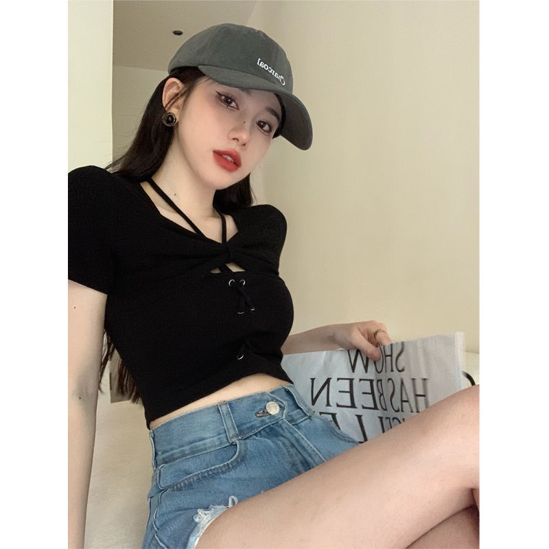 Jiashucheng Áo Thun Ngắn Tay Ôm Dáng Hở Lưng Màu Hồng Phong Cách Mới Mùa Hè Cho Nữ