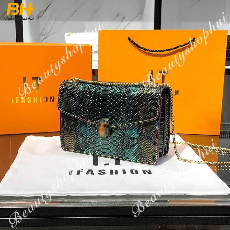 Túi Xách Đeo Vai Kiểu Vuông Nhỏ Họa Tiết Da Rắn Phối Dây Xích Thời Trang 2022 Cho Nữ