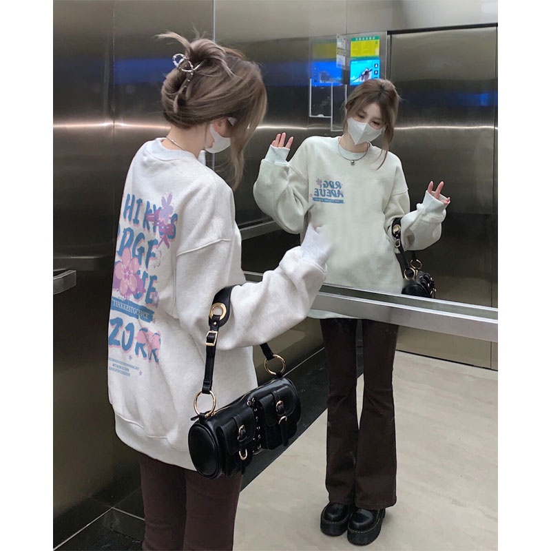 Áo sweater SELVZE cổ tròn dáng rộng in họa tiết thời trang đường phố Mỹ cá tính cho nữ