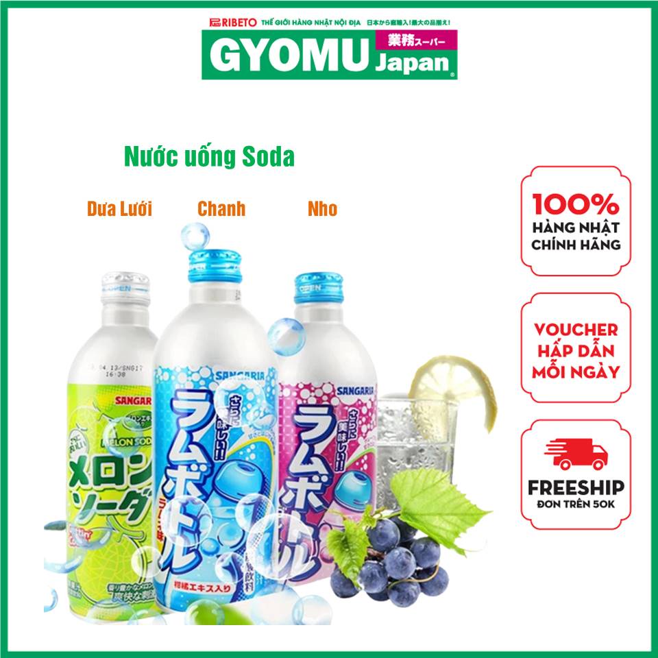 Nước uống soda trái cây Sangaria vị nho, chanh, dưa lưới Nhật Bản