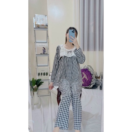 Bộ ngủ mặc nhà nữ cho bầu và sau sinh chất đũi hoạ tiết kẻ ô viền ren