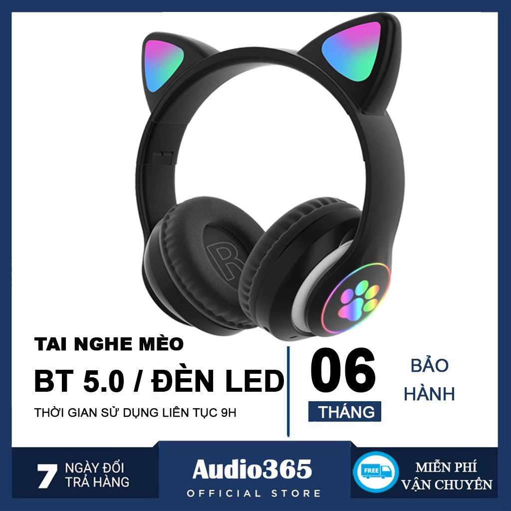 Tai nghe mèo bluetooth phát sáng STN28 - Tai nghe chụp tai mèo có mic kiểu dáng cute có khe cắm thẻ nhớ, Jack 3.5mm