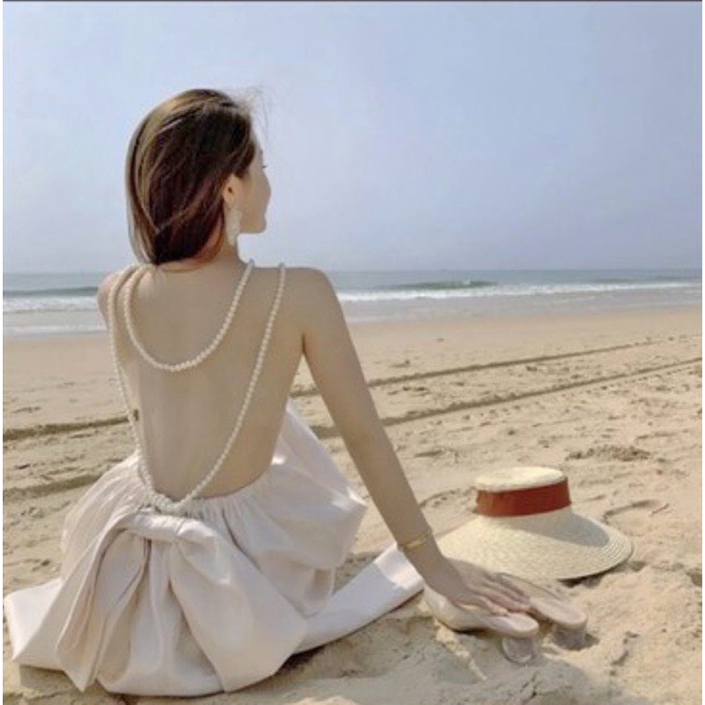Đầm dự tiệc hở lưng kết cườm đính nơ váy nữ xinh tiểu thư công chúa dáng dài sang chảnh quyến rũ XUKA DRESS