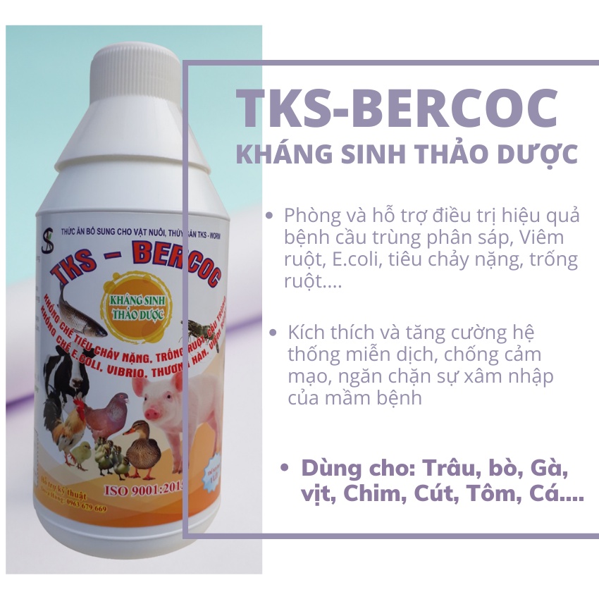 TKS-BERCOC Trừ Tiêu Chảy Nặng, Cầu Trùng, Trống Ruột E.CoLi- Chai 1 Lít