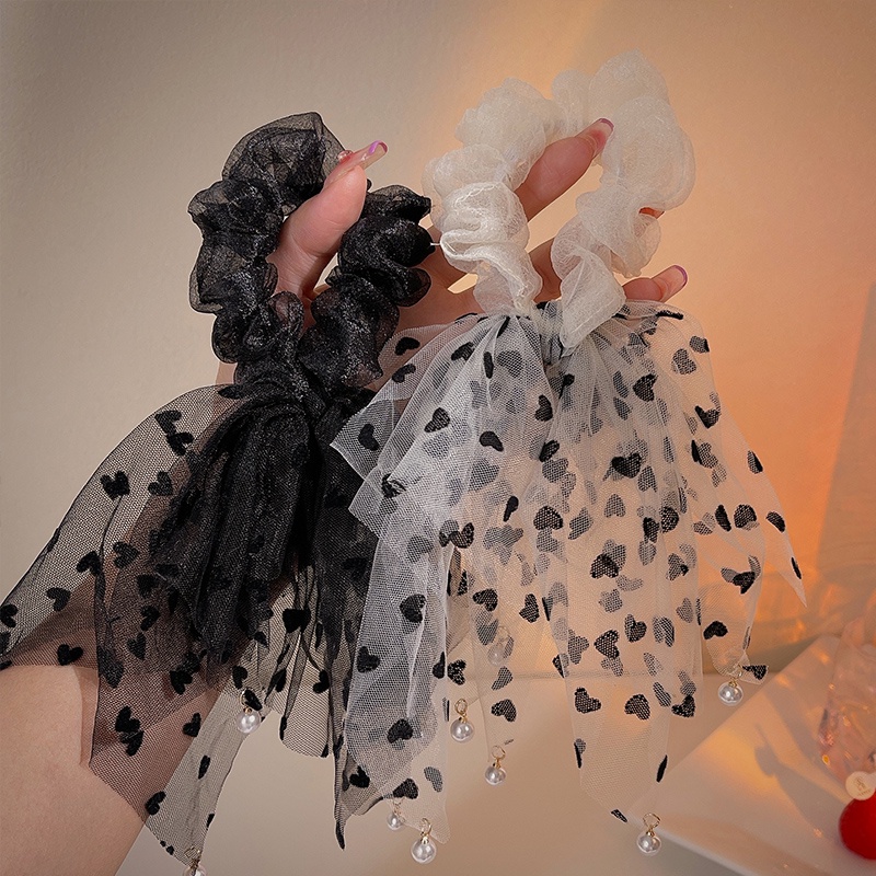 Dây Cột Tóc Ren Đính Ngọc Trai Hình Trái Tim Phong Cách vintage Hàn Quốc