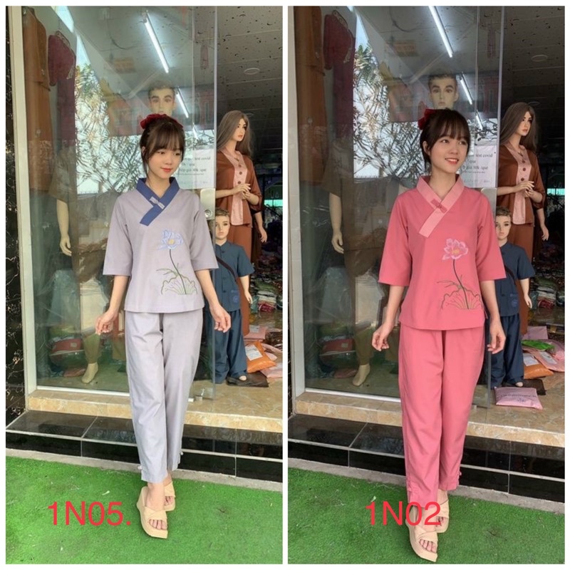 Đồ lam nữ, mẫu 1 nút phối thêu hoa sen, vải kate không co dãn, tay lỡ, đủ size từ 45 đến 70 ký, hàng chuẩn nhiều màu sắc